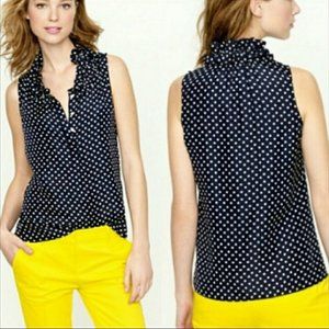 J CREW Naomi Silk ruffle polka dot top Navy AV15
